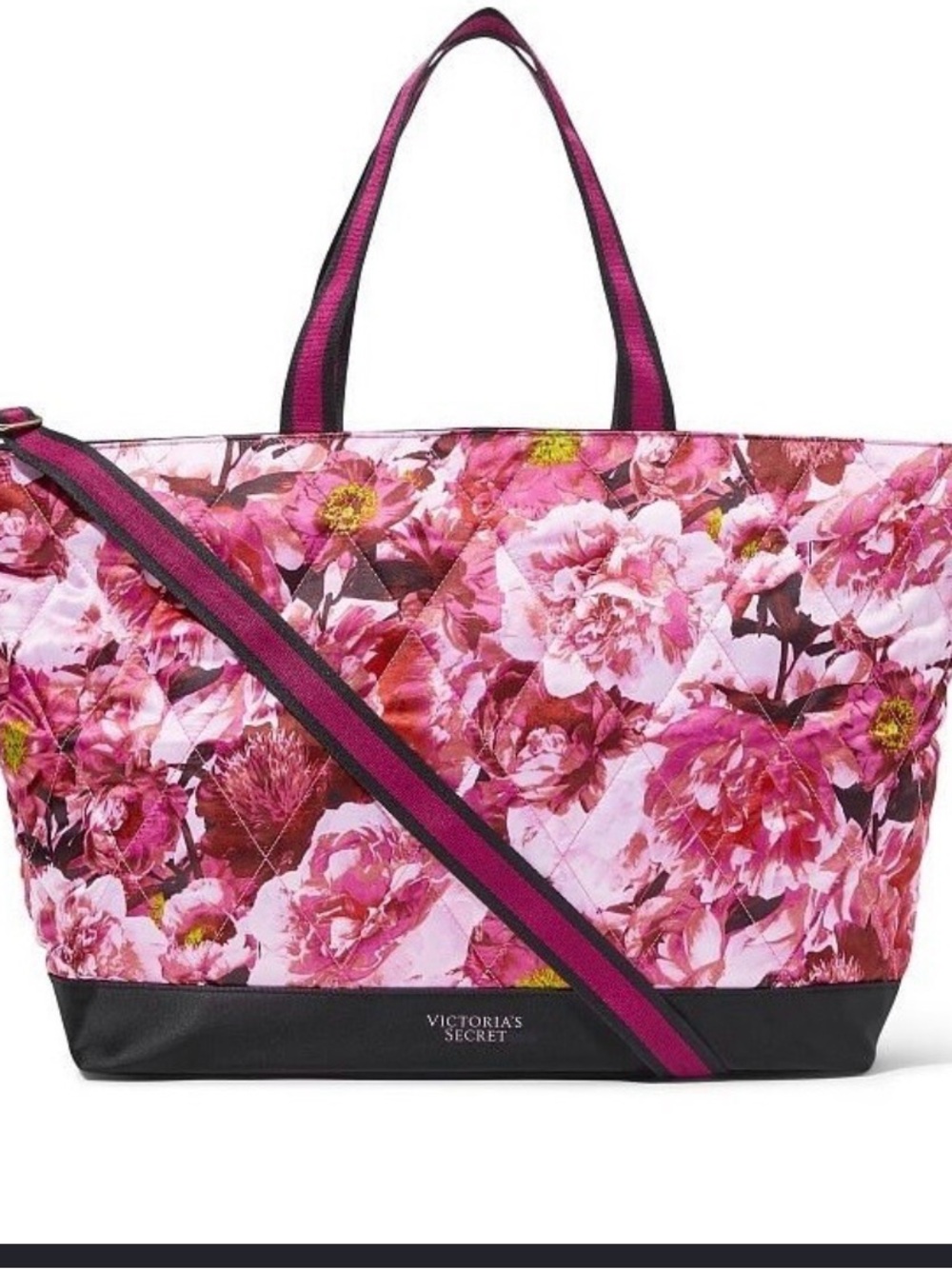 Victoria's Secret Pink Floral Quilted Tote with Black Trim and Striped Strap